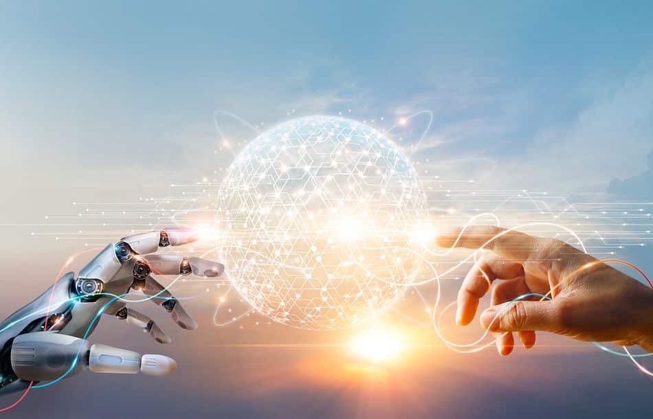 AI, Machine learning, Hands of robot and human touching big data